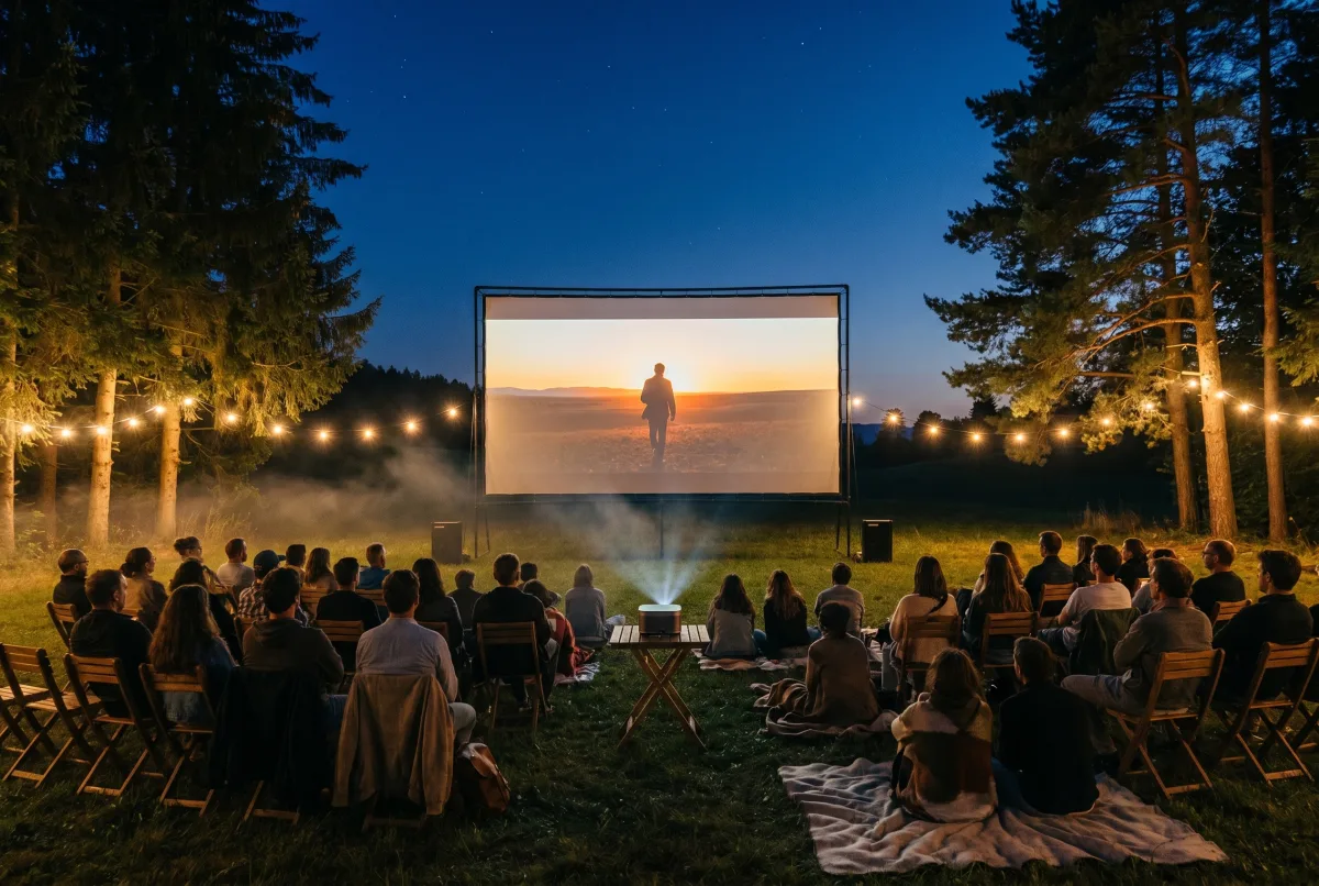 Cinéma en plein air dans un jardin