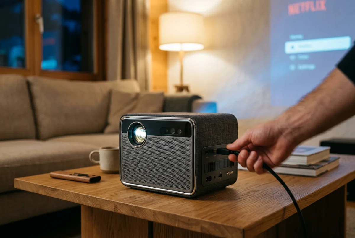 Projecteur cinéma connecté à une enceinte