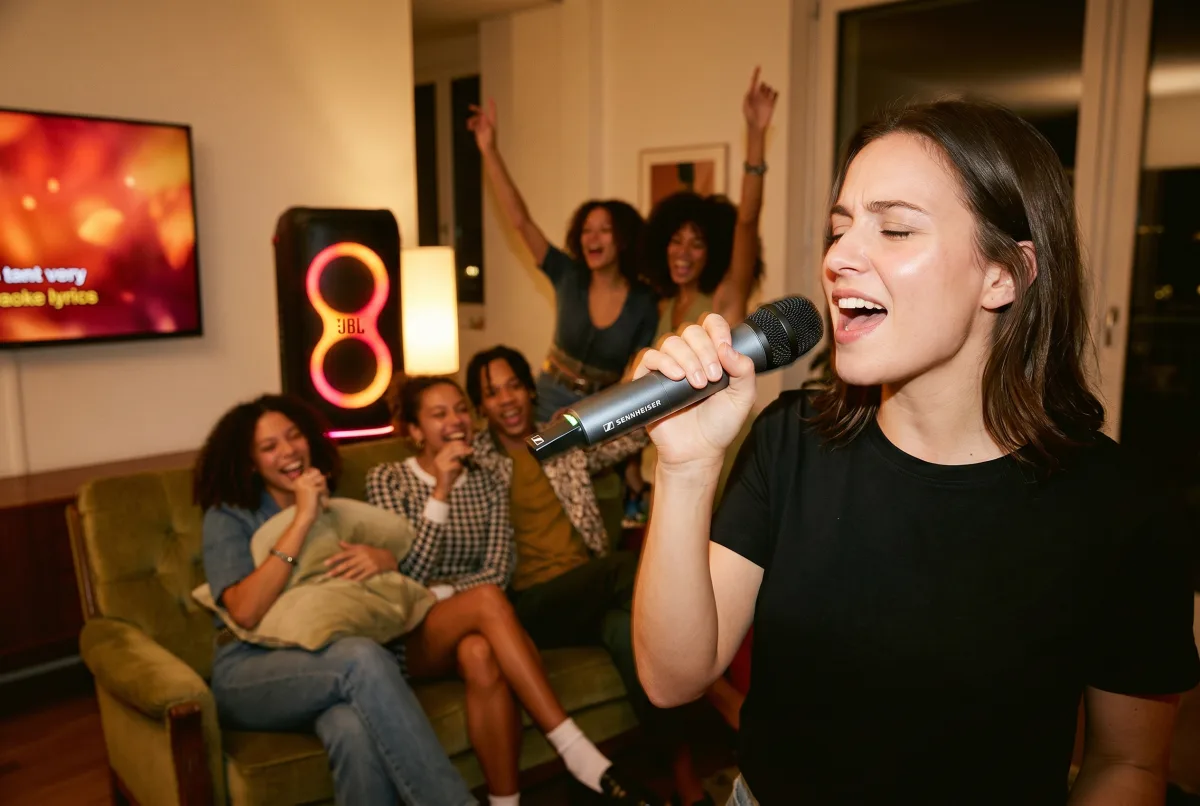 Karaoké entre amis dans un salon