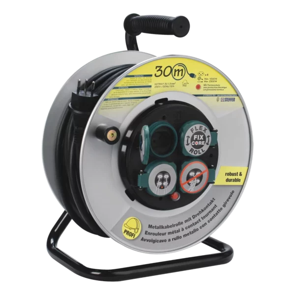 Enrouleur métal 30 mètres 4 prises T13 IP44 protection thermique, location à Lausanne — AirSound