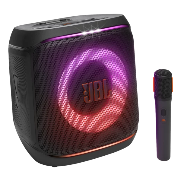 JBL PartyBox Encore 2 avec son micro UHF sans fil inclus, vue de face avec LED RGB autour du logo JBL — location à Lausanne — AirSound