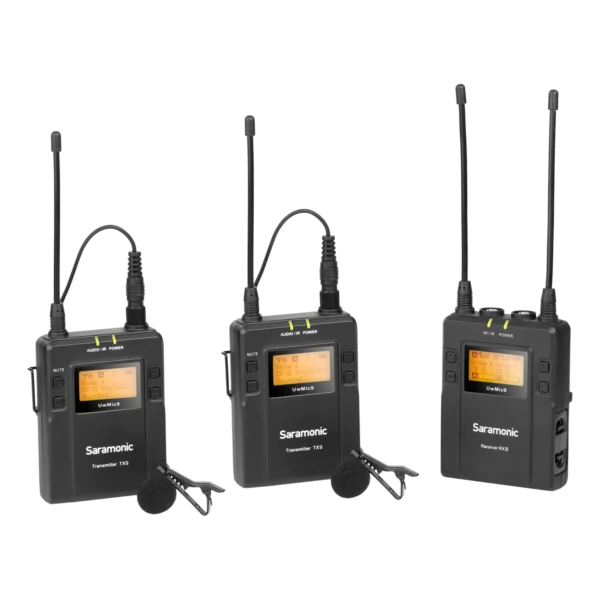 Kit microphone sans fil Saramonic UwMic9 : 2 émetteurs TX9 avec lavalier branchés + 1 récepteur RX9, location à Lausanne — AirSound