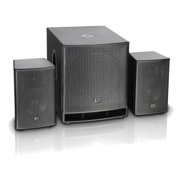 Système PA compact LD Systems DAVE 15 G3 (subwoofer 15 pouces + 2 satellites), location sonorisation pour conférence et événement à Lausanne — AirSound