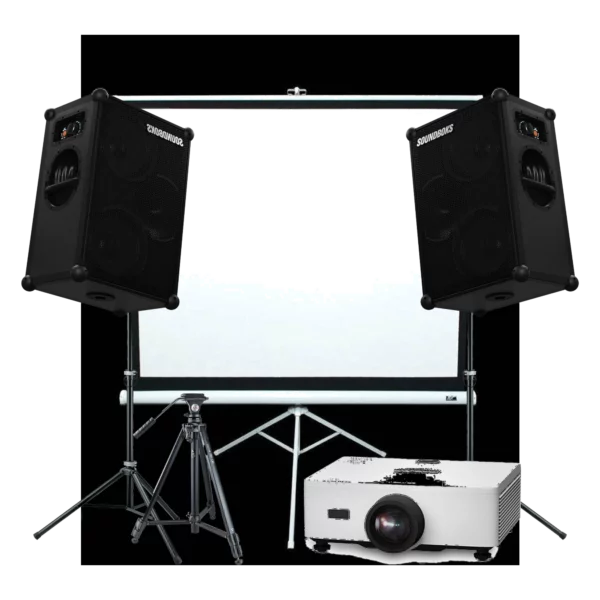 Pack Cinéma Grand Écran — projecteur 7000 lumens, écran 120 pouces et son stéréo pour projection plein air, location à Lausanne — AirSound