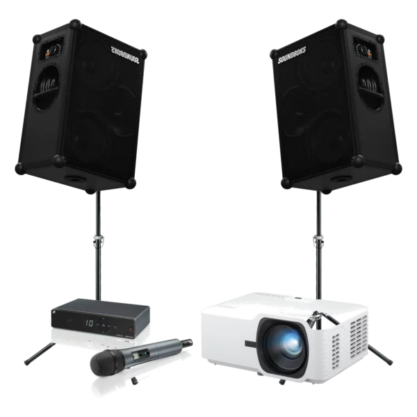 Pack Conférence Salle Moyenne — projecteur 5000 lm, enceintes stéréo et micro sans-fil pour location à Lausanne — AirSound