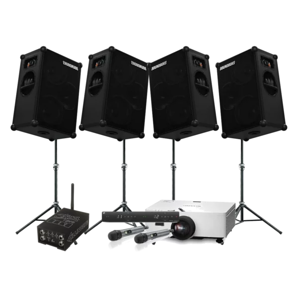 Pack Conférence Grande Salle — projecteur 7000 lm, 4 enceintes et double micro pour location à Lausanne — AirSound