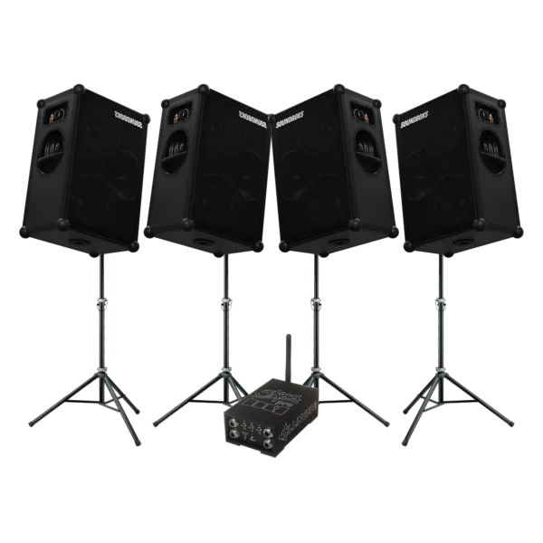 Pack Soirée Étudiante — 4 enceintes sur batterie et distribution audio sans fil pour location à Lausanne — AirSound