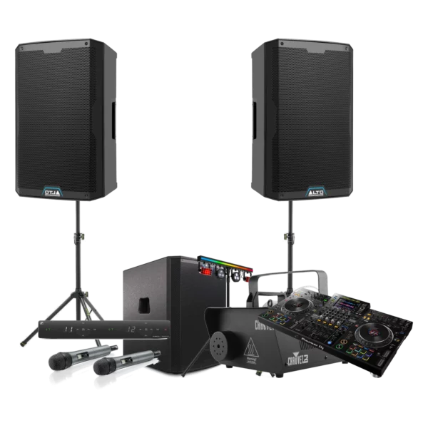 Pack Mariage Pro — système son 2.1, lumières 5-en-1 et platine pour mariage jusqu'à 200 personnes, location à Lausanne — AirSound