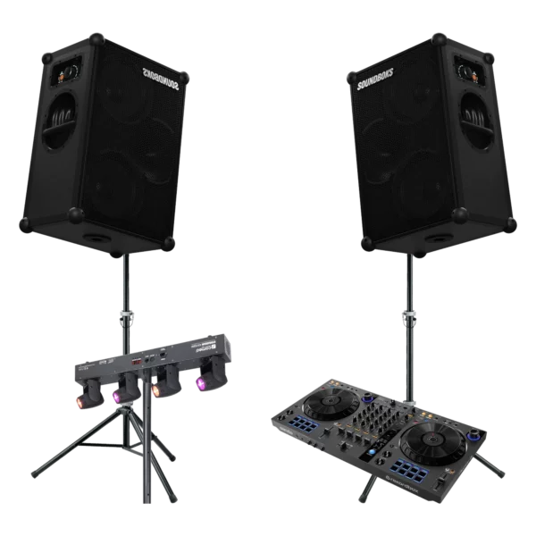 Pack Soirée DJ — platine DJ 4 canaux, enceintes sur batterie et barre lumière pour soirée dansante, location à Lausanne — AirSound