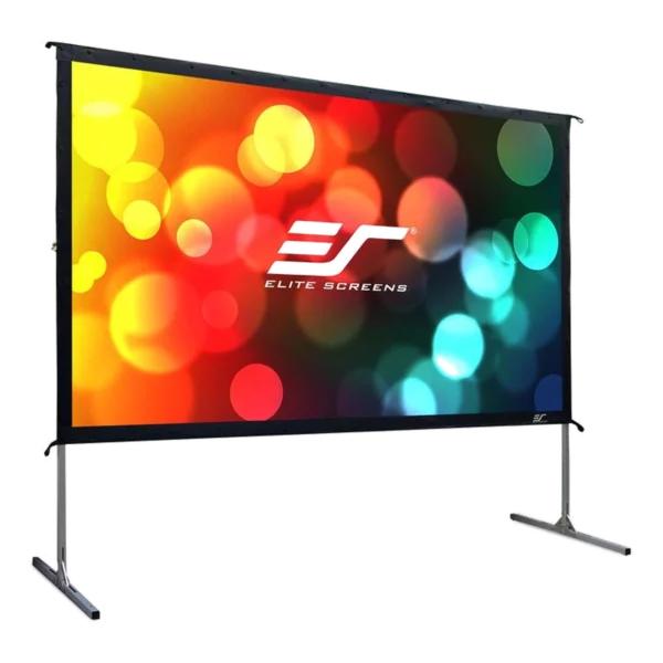 Écran de projection fast-fold 120 pouces sur cadre aluminium autoportant, vue trois-quarts — location pour cinéma plein air à Lausanne et région — AirSound