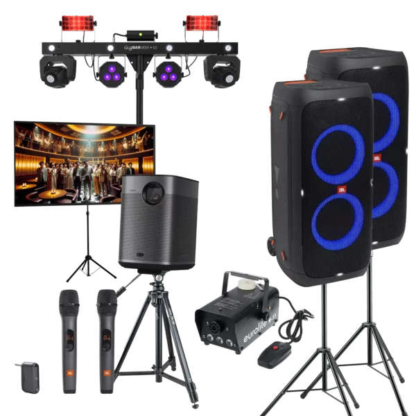 Pack karaoké Pro AirSound : 2 JBL PartyBox, GigBar, écran, 2 micros, fumée
