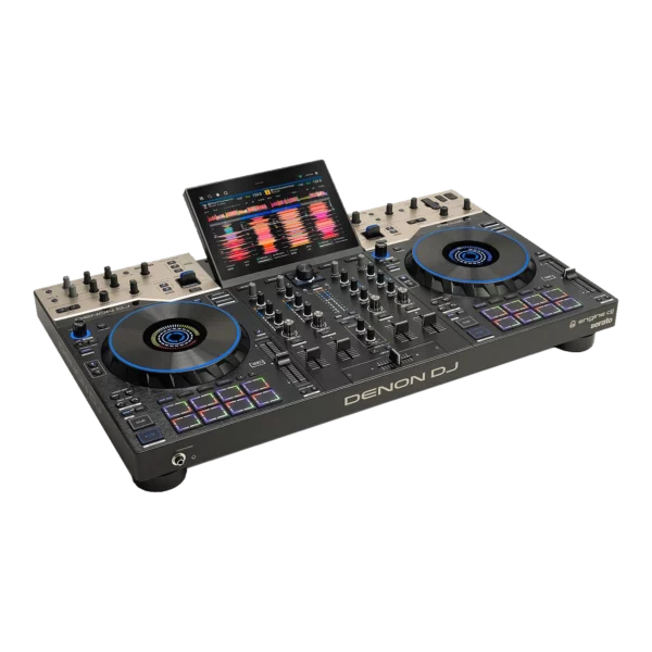 Denon DJ PRIME 4 G2, vue trois-quarts, projet de location de système DJ autonome à Lausanne — AirSound