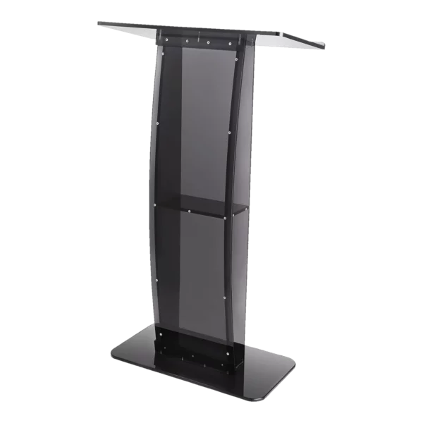Podium de conférence en acrylique noir fumé vide, vue de trois quarts, location pour discours et séminaire à Lausanne et région, AirSound